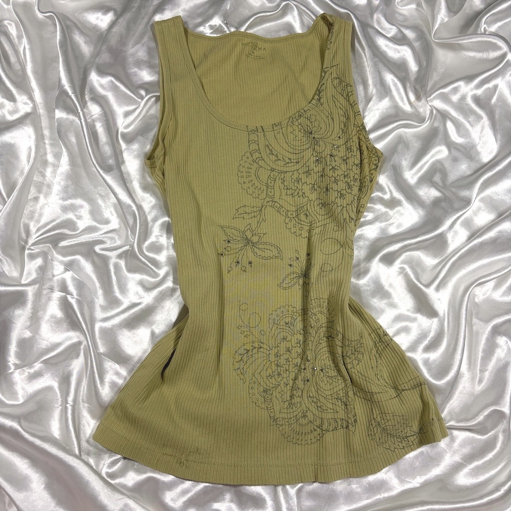 y2k Tank Top Green Excellent Sonoma Floral Paisley Rhinestone Ribbed Cotton